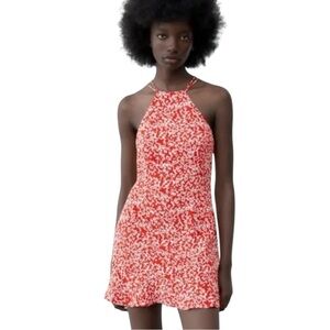 Zara Red, White, and Black Floral Sundress W/ Smock Back and Side Zipper Size M